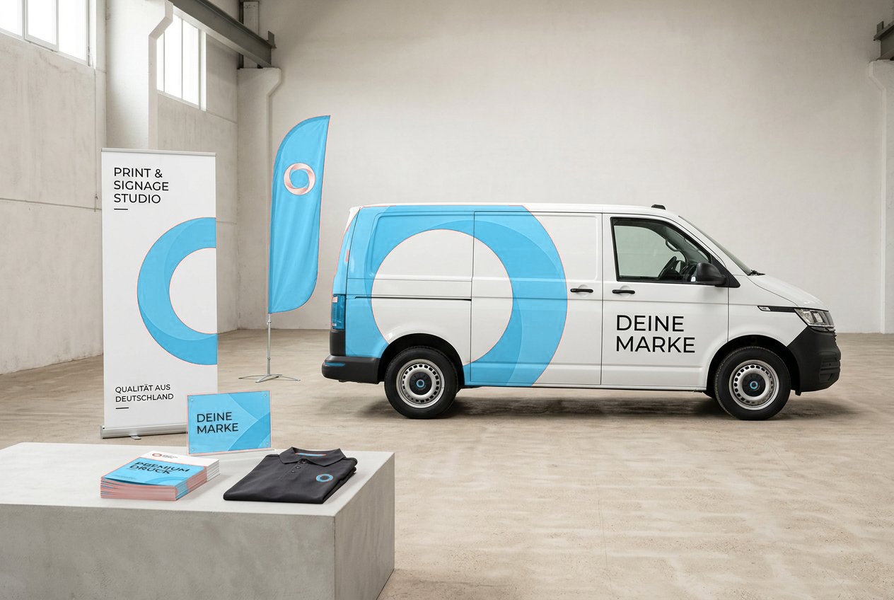 Konzeptvisualisierung: Fahrzeugbeschriftung, Banner, Drucksachen und Textilien in einem einheitlichen Design